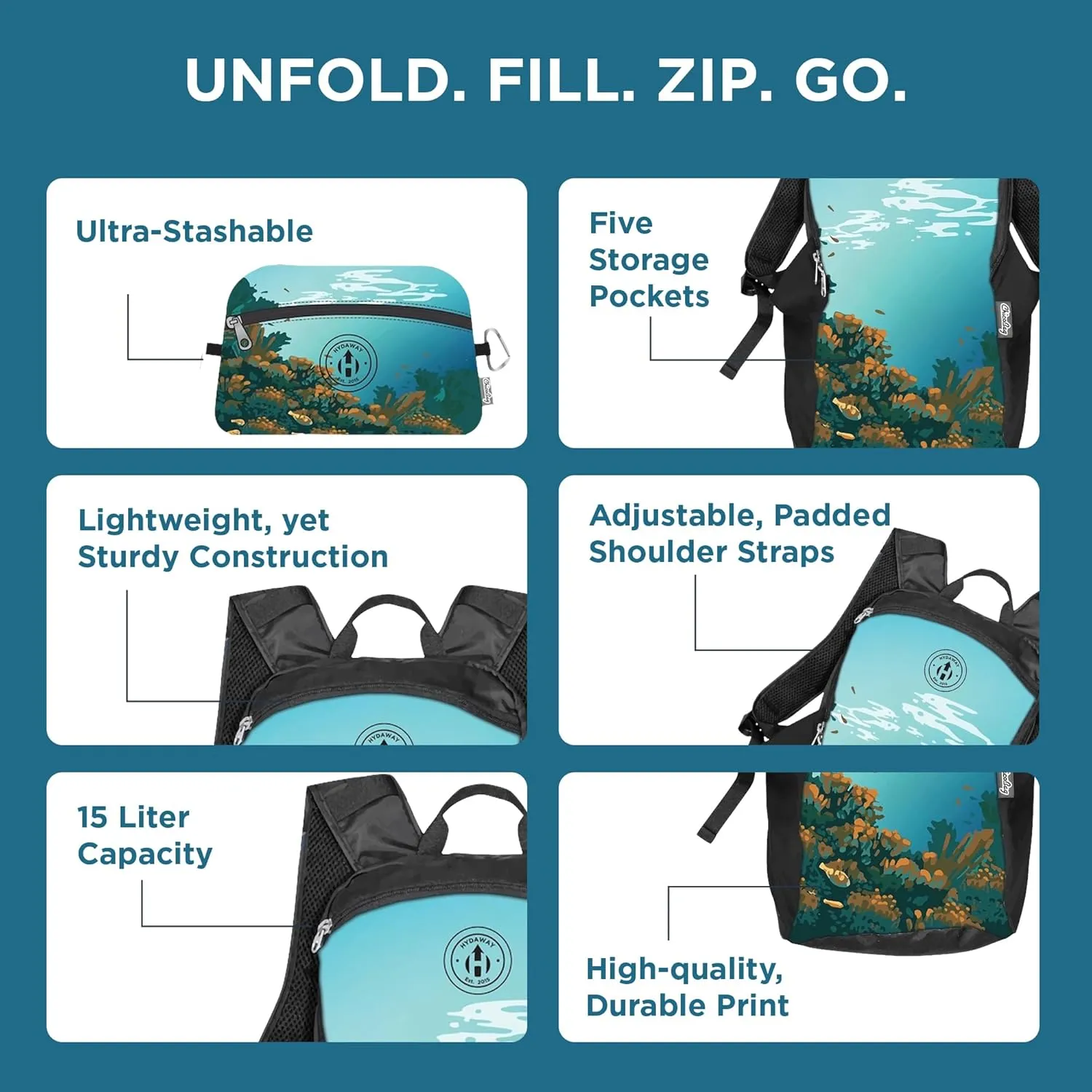 HYDAWAY Collapsible Backpack for Travel - 15L I Lightweight Packable Daypack for Backpacking, Work & Traveling I Adjustable, Foldable, Water Resistant Hiking Day Pack for Men, Women and Kids