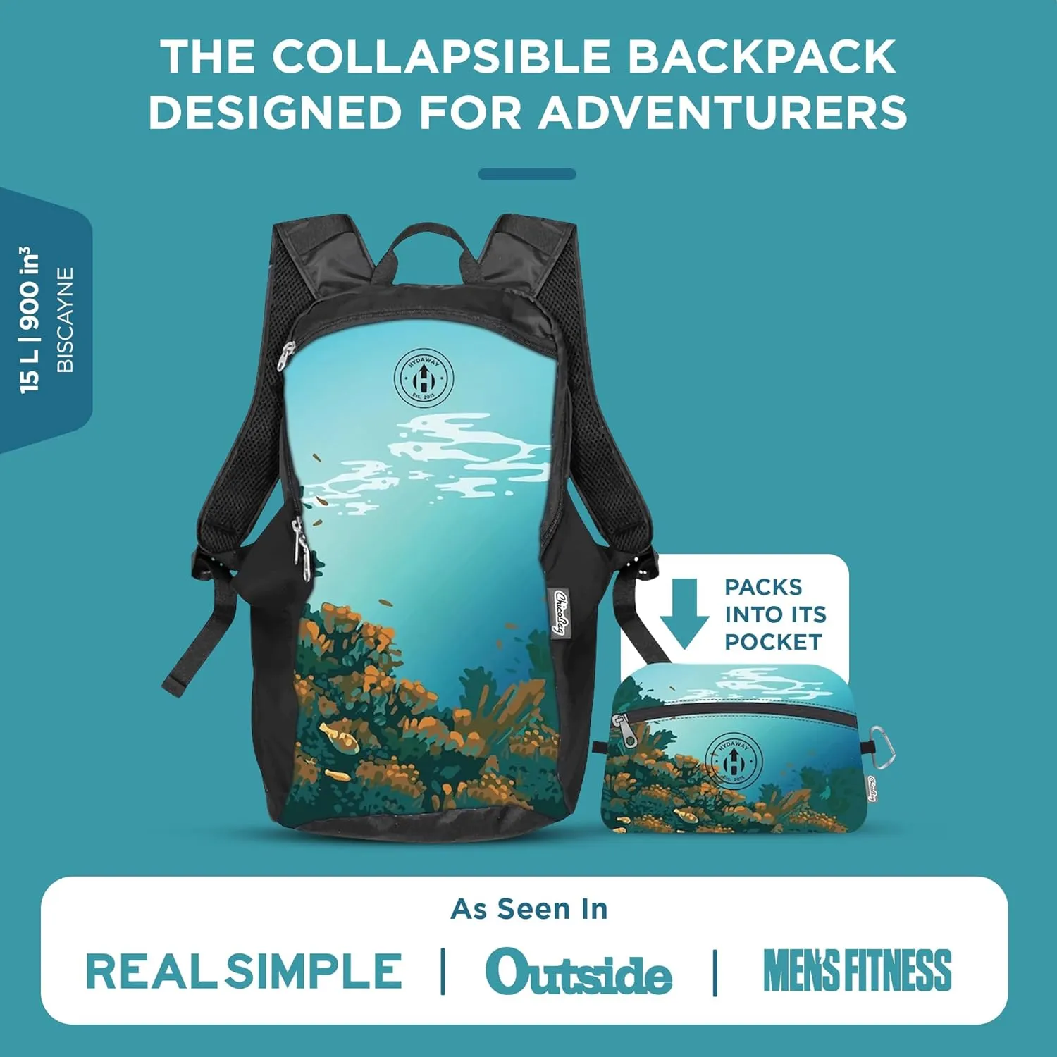 HYDAWAY Collapsible Backpack for Travel - 15L I Lightweight Packable Daypack for Backpacking, Work & Traveling I Adjustable, Foldable, Water Resistant Hiking Day Pack for Men, Women and Kids