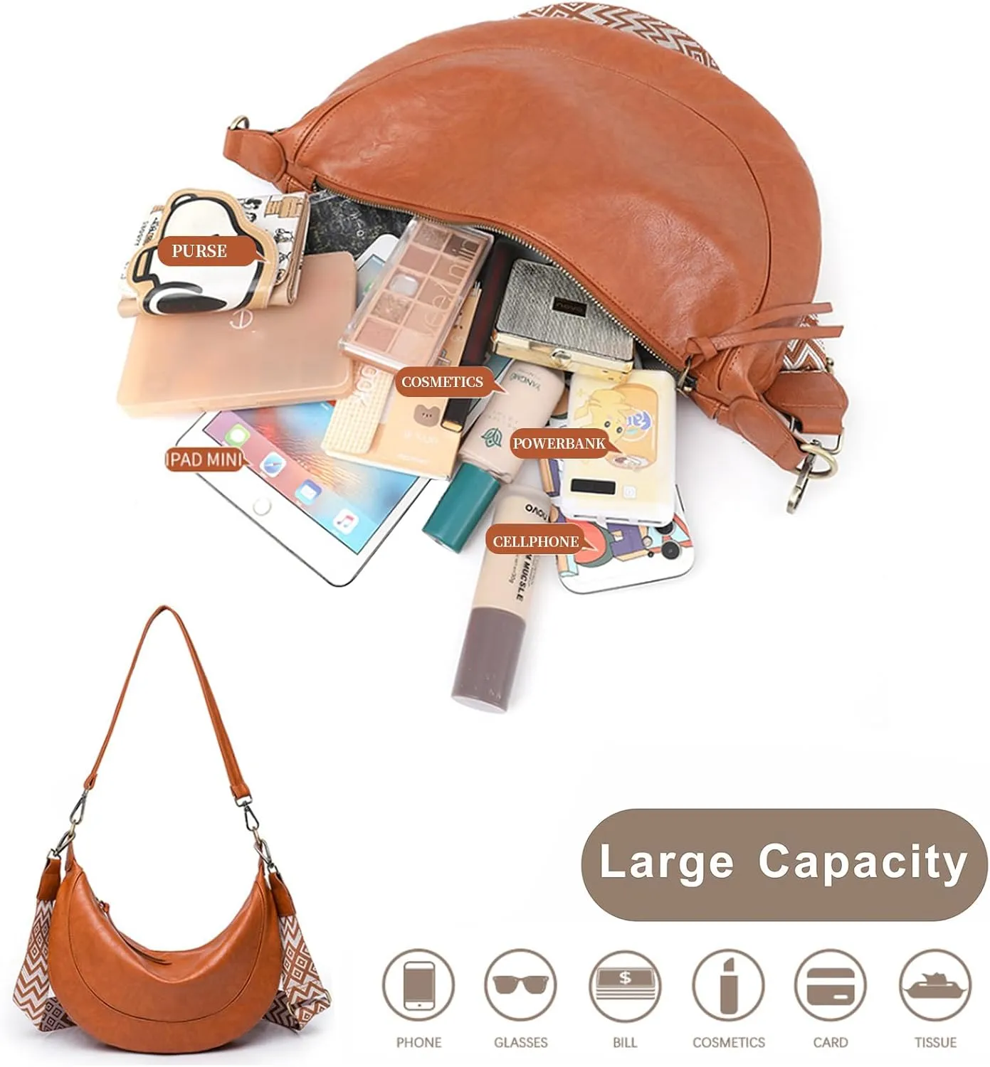I IHAYNER Crescent Shoulder Bags for Women Trendy Crossbody Hobo Purse Vegan Leather Handbag with Wide Strap for Travel
