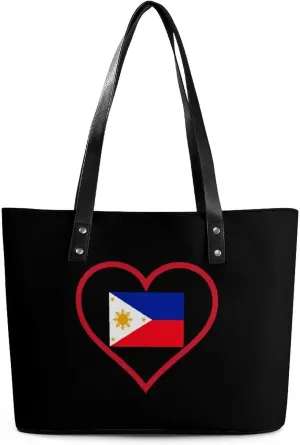 I Love Philippines Red Heart Tote Bag for Women PU Leather Shoulder Bags Fashion Handbag Purse