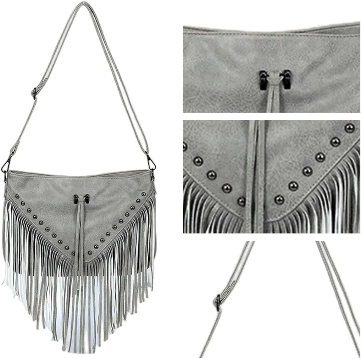 IAMUHI Casual Rivets Fringed Shoulder Handbag for Women,Soft Vegan Leather Hippie Crossbody Purse Bag Hobo Bag