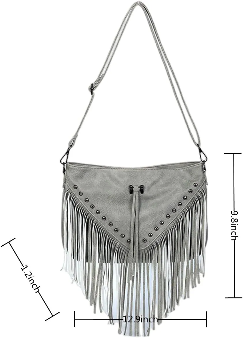 IAMUHI Casual Rivets Fringed Shoulder Handbag for Women,Soft Vegan Leather Hippie Crossbody Purse Bag Hobo Bag