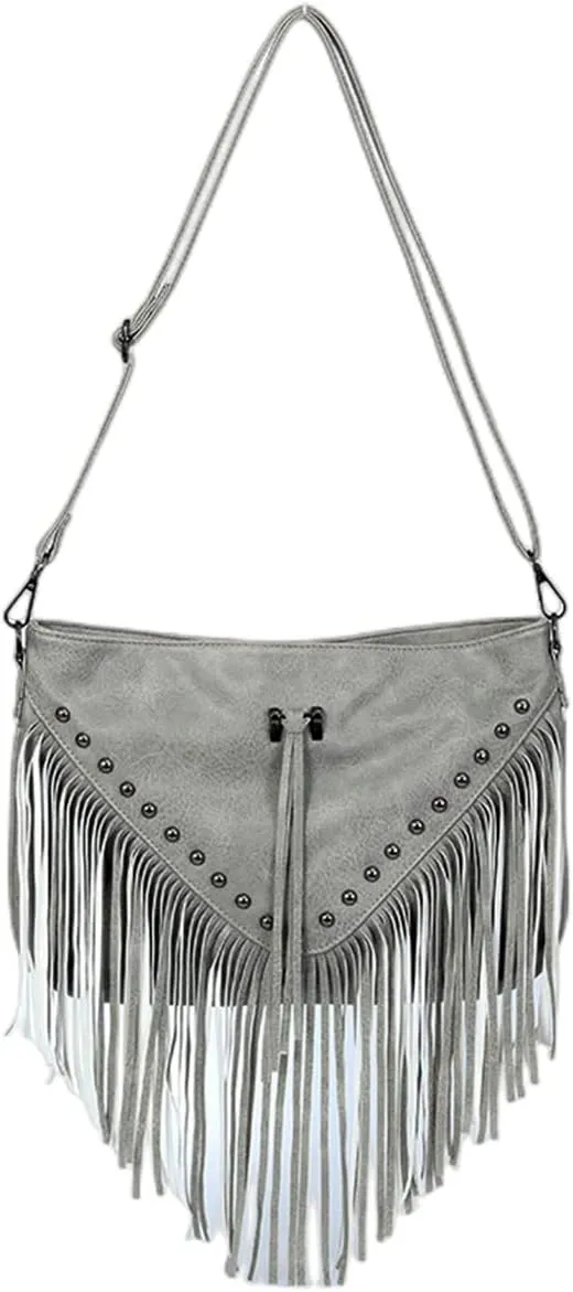 IAMUHI Casual Rivets Fringed Shoulder Handbag for Women,Soft Vegan Leather Hippie Crossbody Purse Bag Hobo Bag
