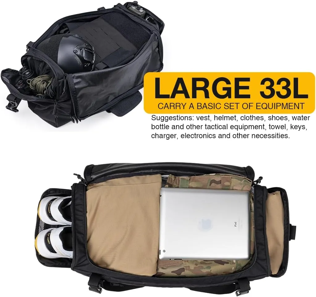 IDOGEAR Black 33L Tactical Deployment Military Duffle Bag With Shoe Compartment Heavy-Duty Luggage Bag For Outdoor Hiking Traveling Camping