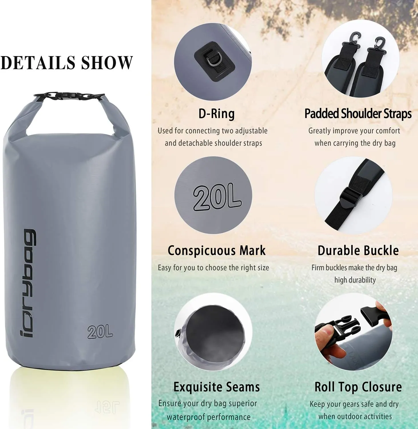 IDRYBAG Dry Bags for Kayaking Waterproof 2L/5L/10L/15L/20L, Small Dry Bag Waterproof Floating, Dry Sack Waterproof Bag for Paddleboarding Travel