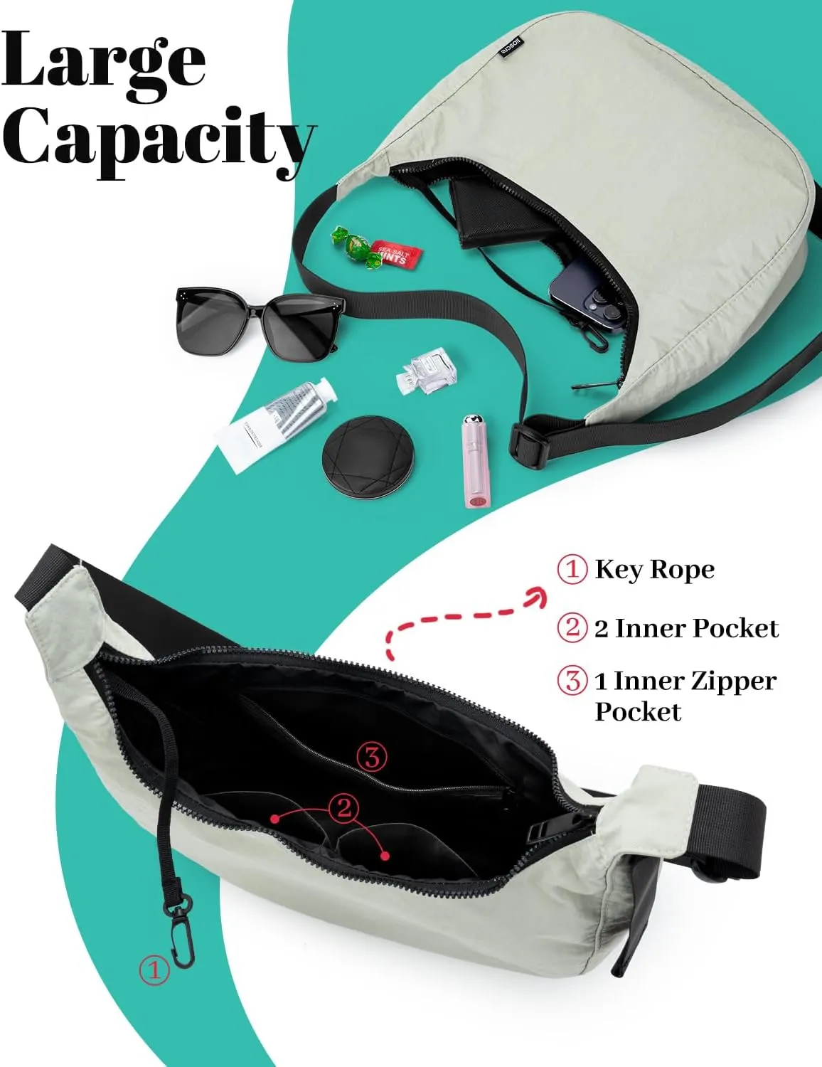 Iioscre Medium Crossbody Crescent Bag for Women Men Trendy, Nylon Crossbody Hobo Bag with Adjustable Strap and Inner Pockets.