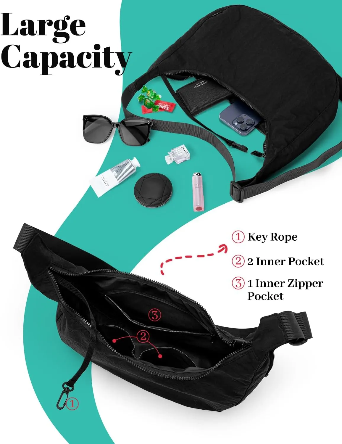 Iioscre Medium Crossbody Crescent Bag for Women Men Trendy, Nylon Crossbody Hobo Bag with Adjustable Strap and Inner Pockets.