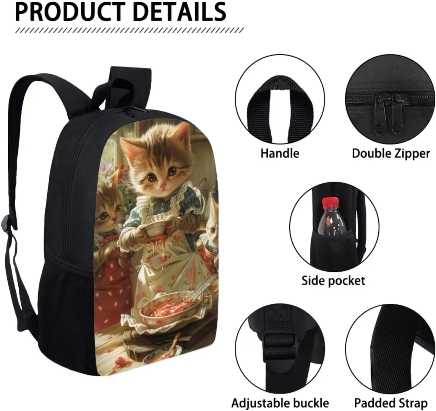 Illustration Art Cute Cat Backpack for Girls Boys 17 Inch Bookbag with Insulated Lunch Bag Pencil Case Kids Animal Print Backpack with Lunch Box Padded Back School Bag Brown