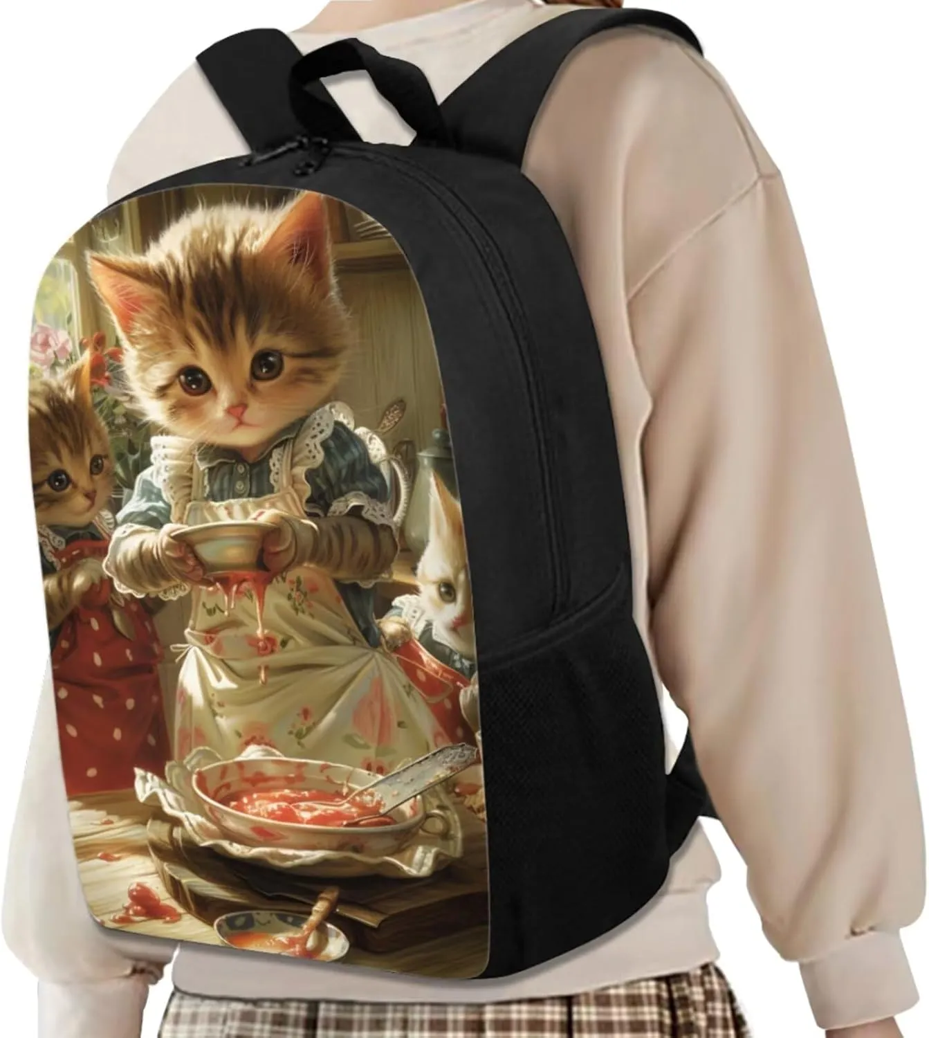 Illustration Art Cute Cat Backpack for Girls Boys 17 Inch Bookbag with Insulated Lunch Bag Pencil Case Kids Animal Print Backpack with Lunch Box Padded Back School Bag Brown