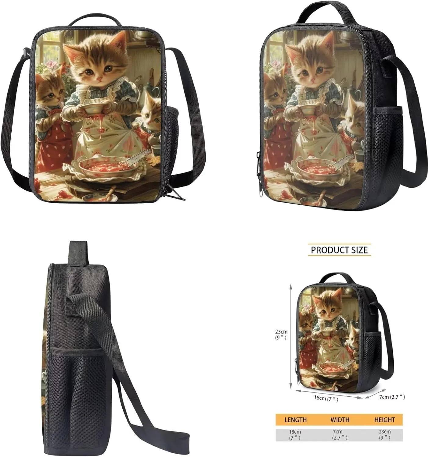 Illustration Art Cute Cat Backpack for Girls Boys 17 Inch Bookbag with Insulated Lunch Bag Pencil Case Kids Animal Print Backpack with Lunch Box Padded Back School Bag Brown