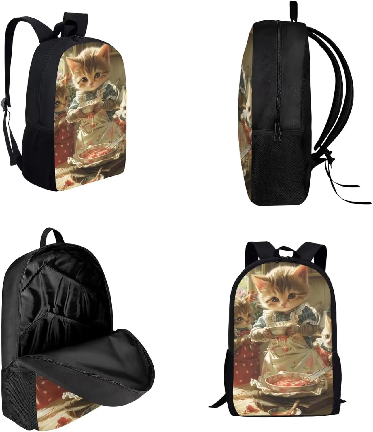 Illustration Art Cute Cat Backpack for Girls Boys 17 Inch Bookbag with Insulated Lunch Bag Pencil Case Kids Animal Print Backpack with Lunch Box Padded Back School Bag Brown