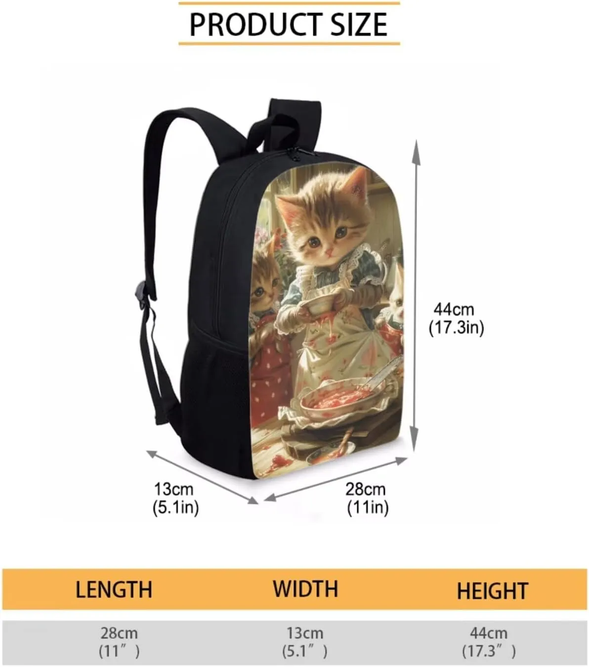 Illustration Art Cute Cat Backpack for Girls Boys 17 Inch Bookbag with Insulated Lunch Bag Pencil Case Kids Animal Print Backpack with Lunch Box Padded Back School Bag Brown