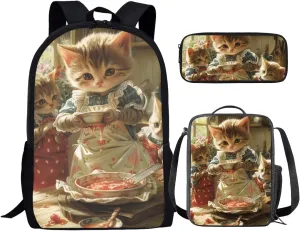 Illustration Art Cute Cat Backpack for Girls Boys 17 Inch Bookbag with Insulated Lunch Bag Pencil Case Kids Animal Print Backpack with Lunch Box Padded Back School Bag Brown