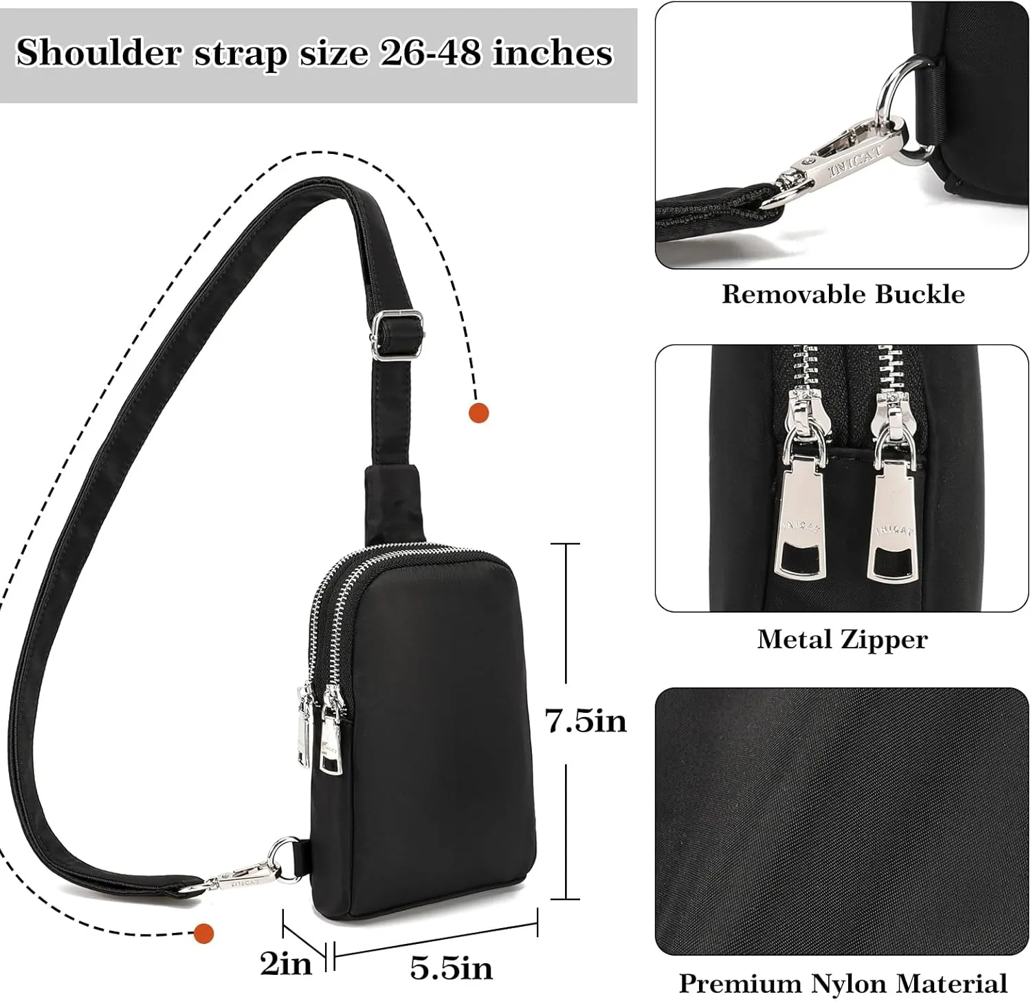 INICAT Nylon Small Crossbody Bags for Women 1L Sling Bag for Men Shoulder Bag Fanny Pack Travel Essentials