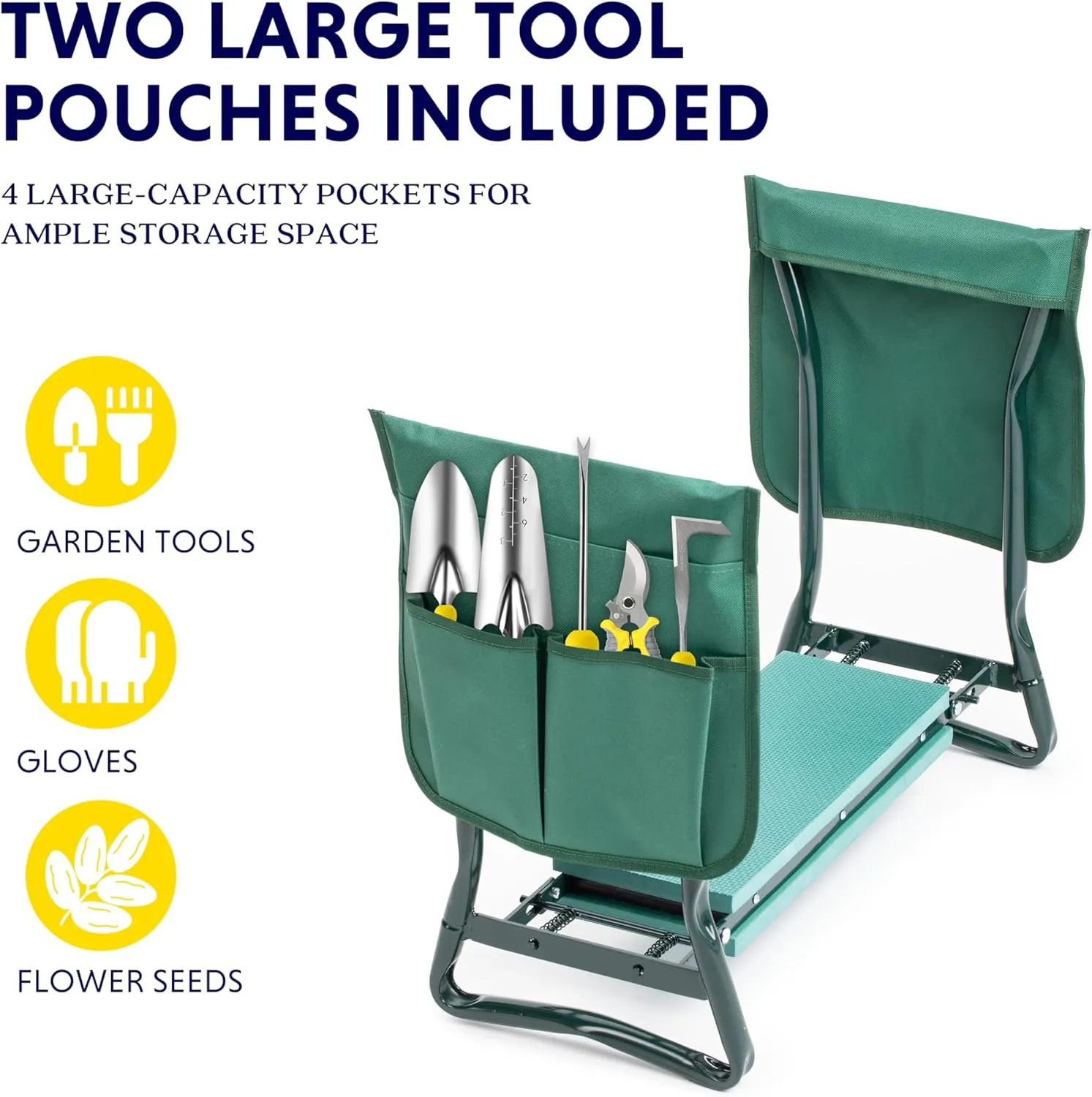 iPower Garden Kneeler and Seat, Foldable Stool, Gardening Bench with Thicken Widen Soft Kneeling Pad, Heavy Duty & 2 Tool Pouches, Gifts for Mom & Dad, Grandparents, Seniors, Green, Arbor Day Gift