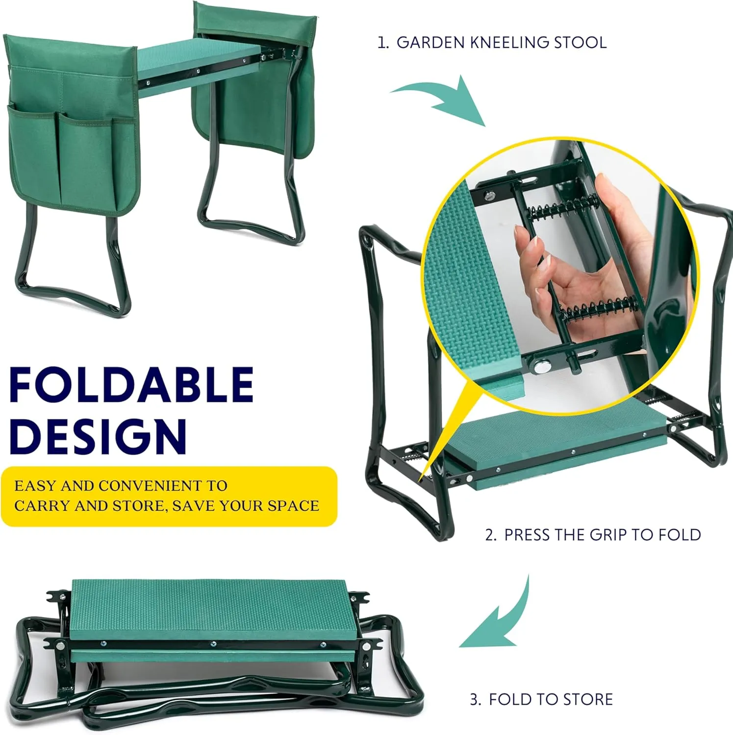 iPower Garden Kneeler and Seat, Foldable Stool, Gardening Bench with Thicken Widen Soft Kneeling Pad, Heavy Duty & 2 Tool Pouches, Gifts for Mom & Dad, Grandparents, Seniors, Green, Arbor Day Gift