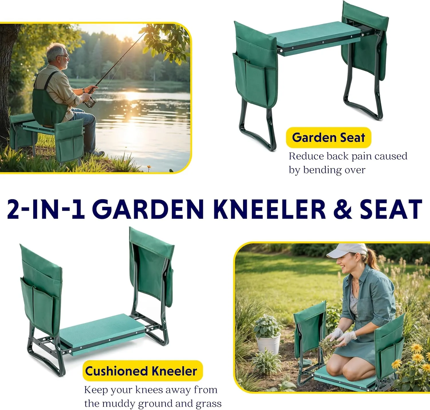 iPower Garden Kneeler and Seat, Foldable Stool, Gardening Bench with Thicken Widen Soft Kneeling Pad, Heavy Duty & 2 Tool Pouches, Gifts for Mom & Dad, Grandparents, Seniors, Green, Arbor Day Gift