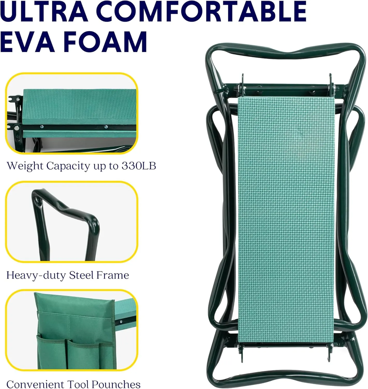 iPower Garden Kneeler and Seat, Foldable Stool, Gardening Bench with Thicken Widen Soft Kneeling Pad, Heavy Duty & 2 Tool Pouches, Gifts for Mom & Dad, Grandparents, Seniors, Green, Arbor Day Gift