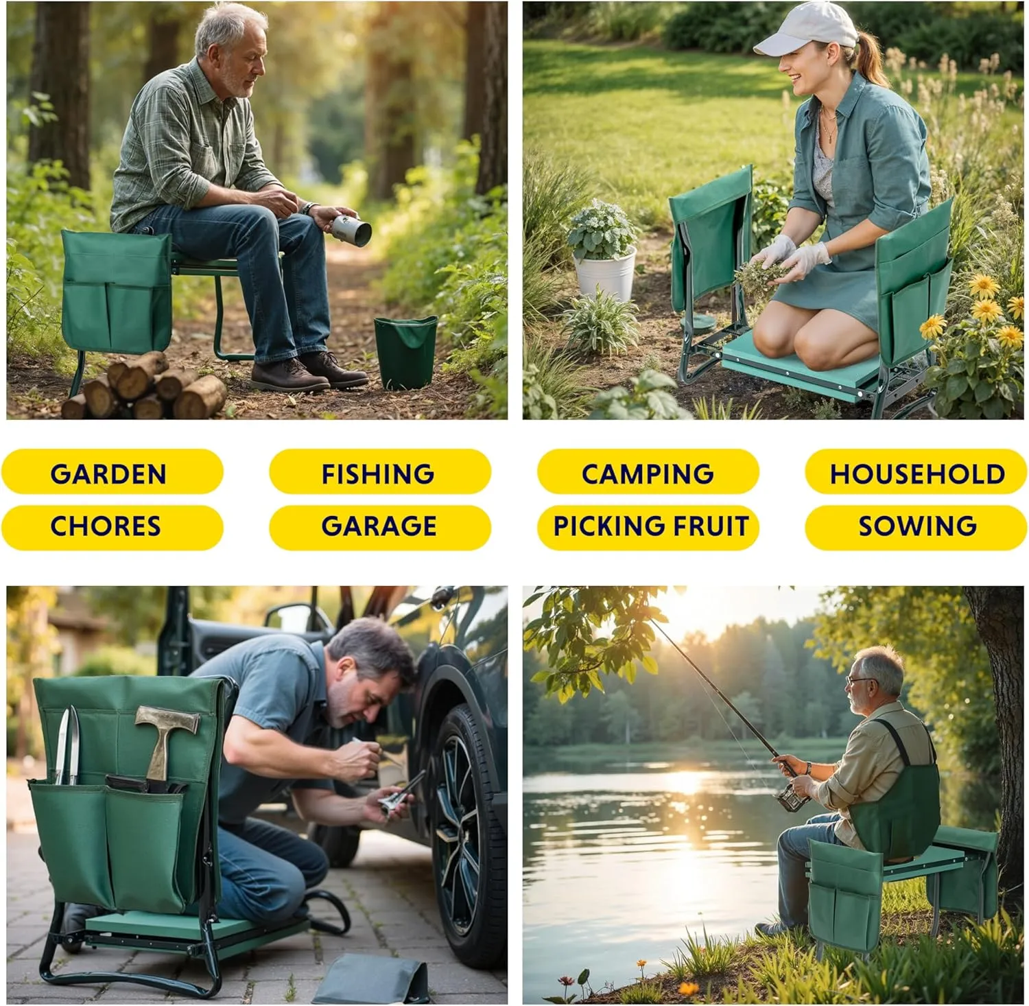iPower Garden Kneeler and Seat, Foldable Stool, Gardening Bench with Thicken Widen Soft Kneeling Pad, Heavy Duty & 2 Tool Pouches, Gifts for Mom & Dad, Grandparents, Seniors, Green, Arbor Day Gift