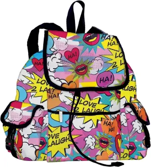 iscream Comic Laughs Deluxe Knapsack Style 16.5" x 13" Backpack with Multi Pockets and Drawstring & Flap Closure