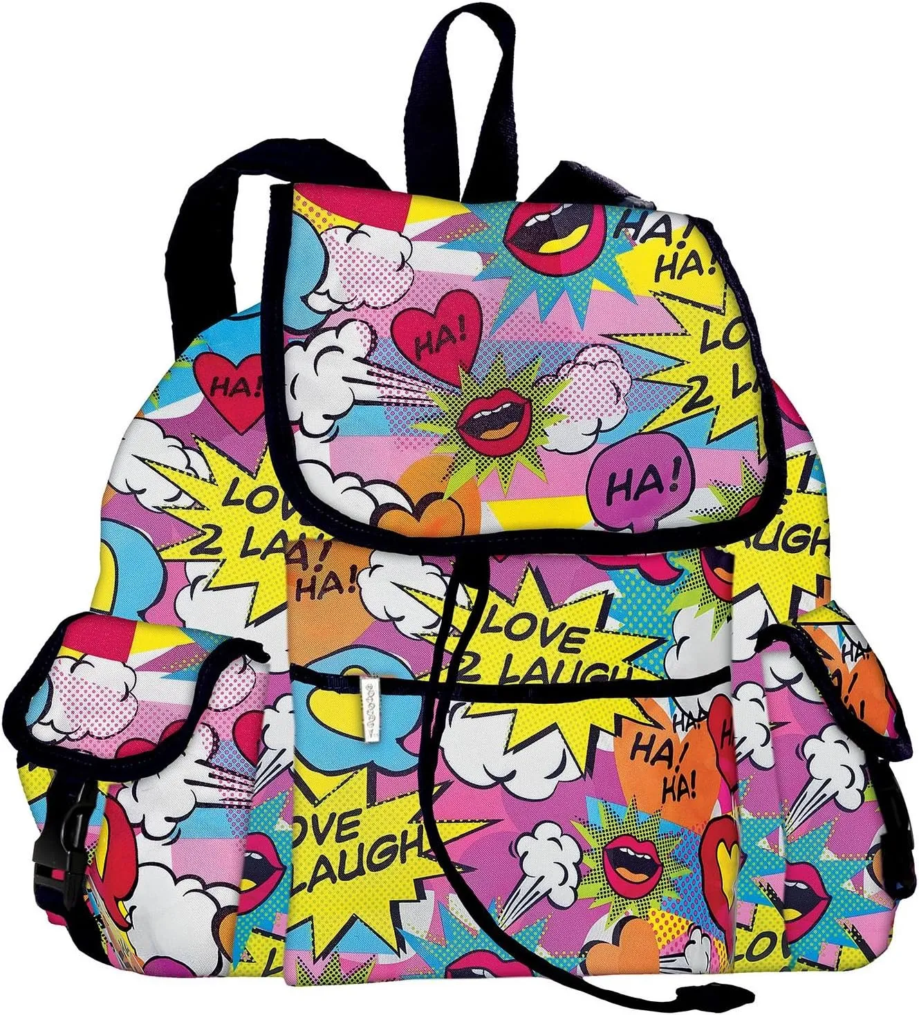 iscream Comic Laughs Deluxe Knapsack Style 16.5" x 13" Backpack with Multi Pockets and Drawstring & Flap Closure
