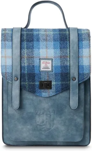 Islander Carloway Backpack for Men & Women, With Laptop Sleeve, Harris Tweed Vegan Leather (Blue Tartan)