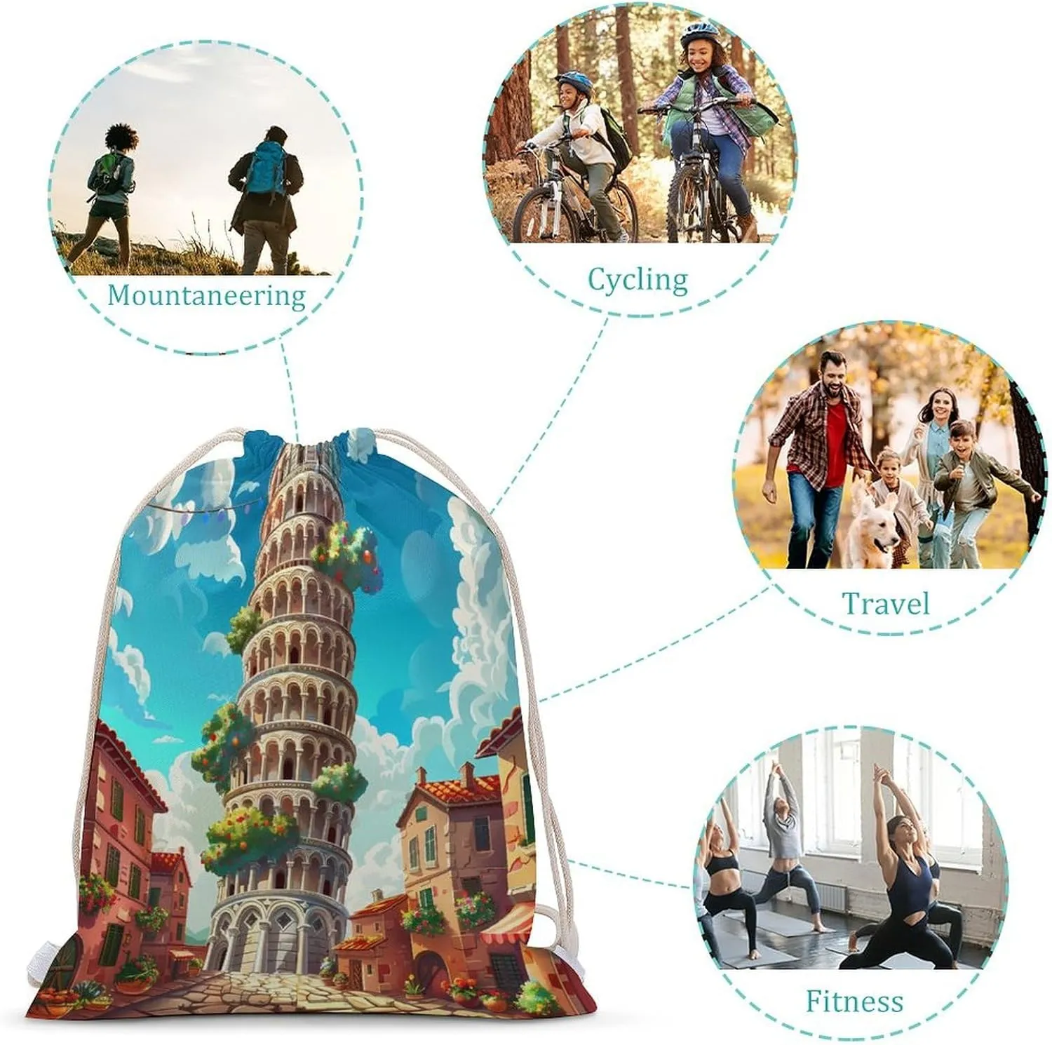 Italy Landmark Pisa Tower Drawstring Backpack Gym Sackpack Draw String Sport Bag Workout Bag for Men Women 30x40cm