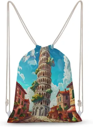 Italy Landmark Pisa Tower Drawstring Backpack Gym Sackpack Draw String Sport Bag Workout Bag for Men Women 30x40cm