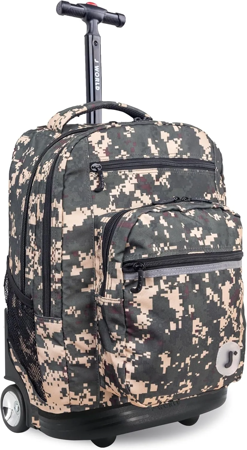 J World New York Sundance Rolling Backpack Girl Boy Roller Bookbag, Green Camo, 20 Inch