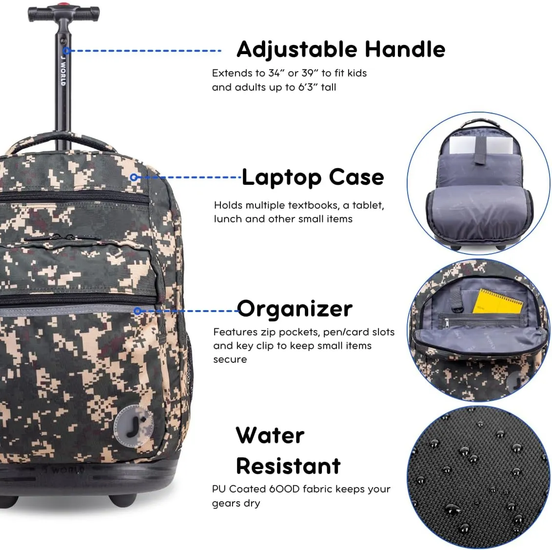 J World New York Sundance Rolling Backpack Girl Boy Roller Bookbag, Green Camo, 20 Inch