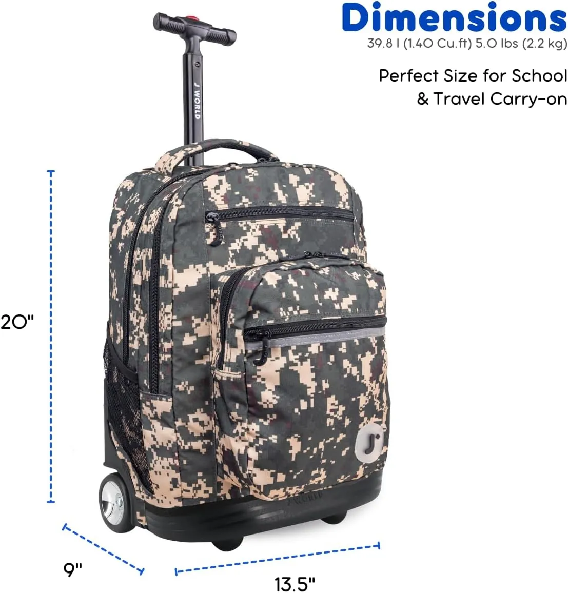 J World New York Sundance Rolling Backpack Girl Boy Roller Bookbag, Green Camo, 20 Inch