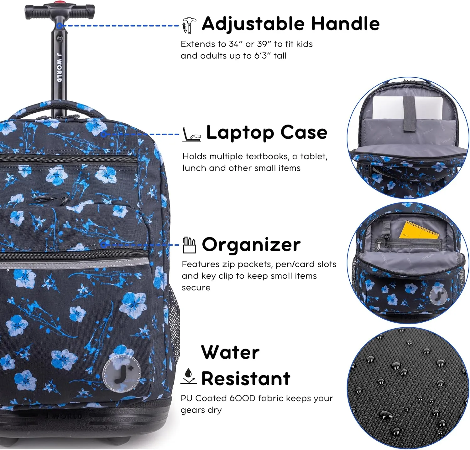 J World New York Sundance Rolling Backpack Girl Boy Roller Bookbag, Night Bloom, 20 X 13 X 9 (H X W X D), RBS-19 NIGHT BLOOM
