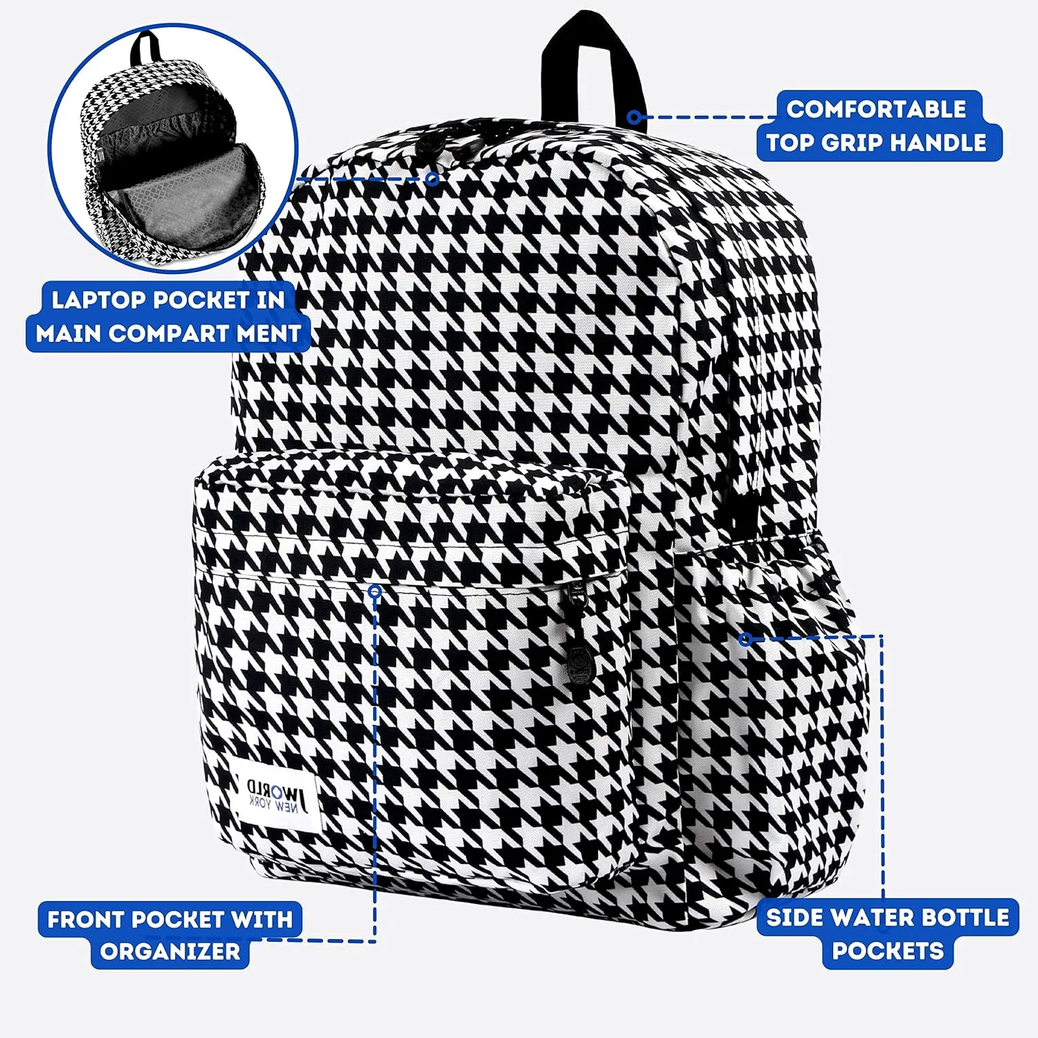 J World New York Unisex Kid's Oz Backpack for Teen Girls Boys Womens School Bookbag, Houndstooth, One Size