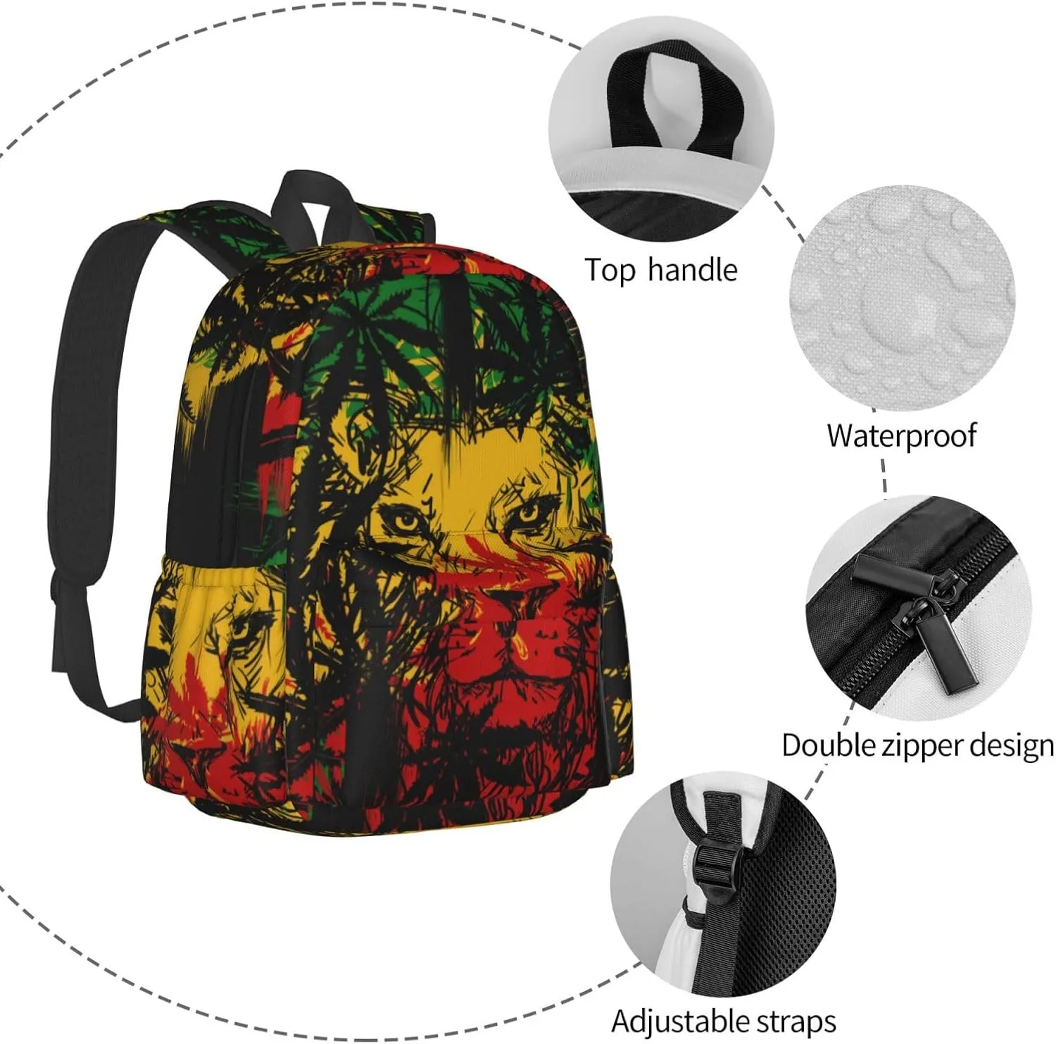 Jamaican Rasta Reggae Judah Lion Unisex Backpacks 15in Laptop Backpack Multipurpose Double Shoulder Bag For Men Women Gifts