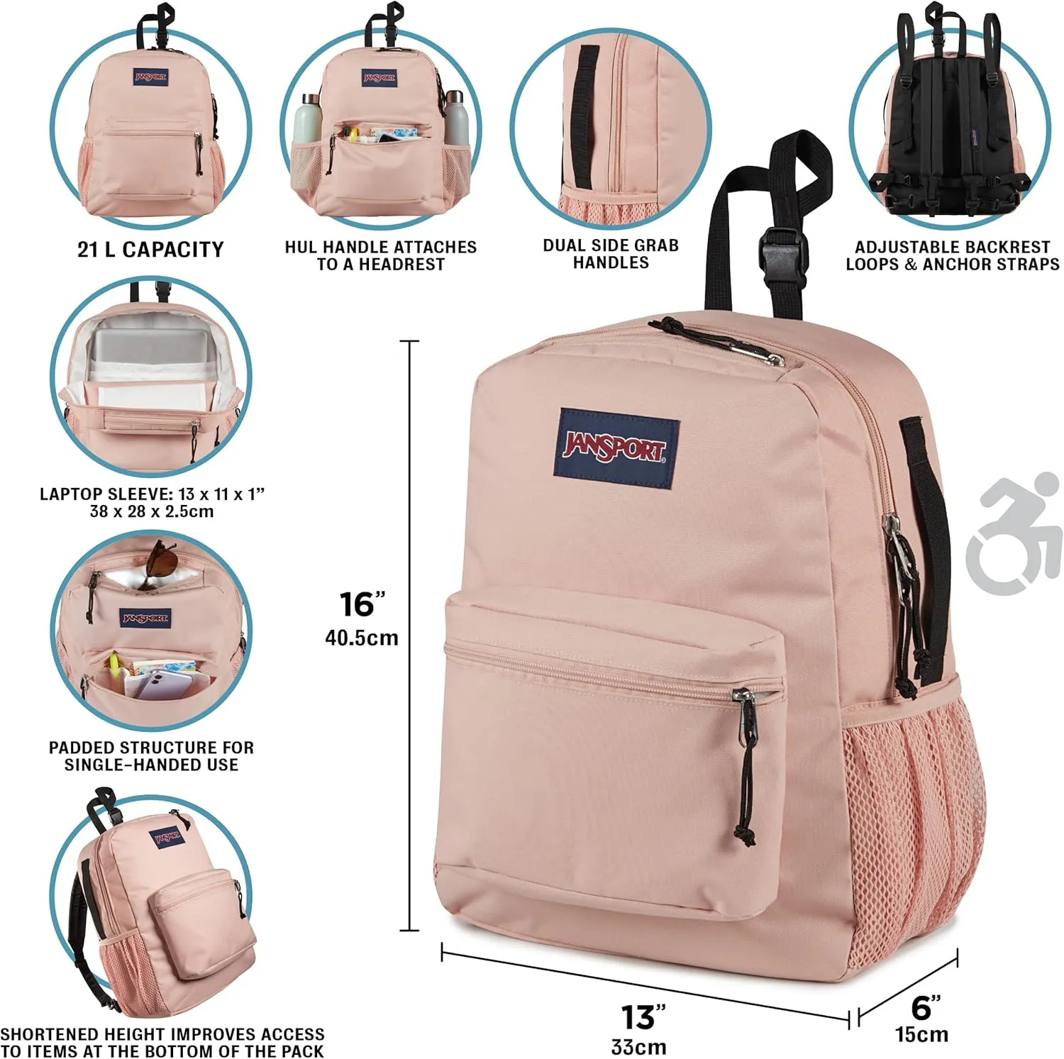 JanSport Central Adaptive Backpack – Wheelchair & Walker Compatible, Tuck-Away Shoulder Straps, Adjustable Backrest Loops & Anchor Straps, Iconic Design, Mia Brown White Flowers
