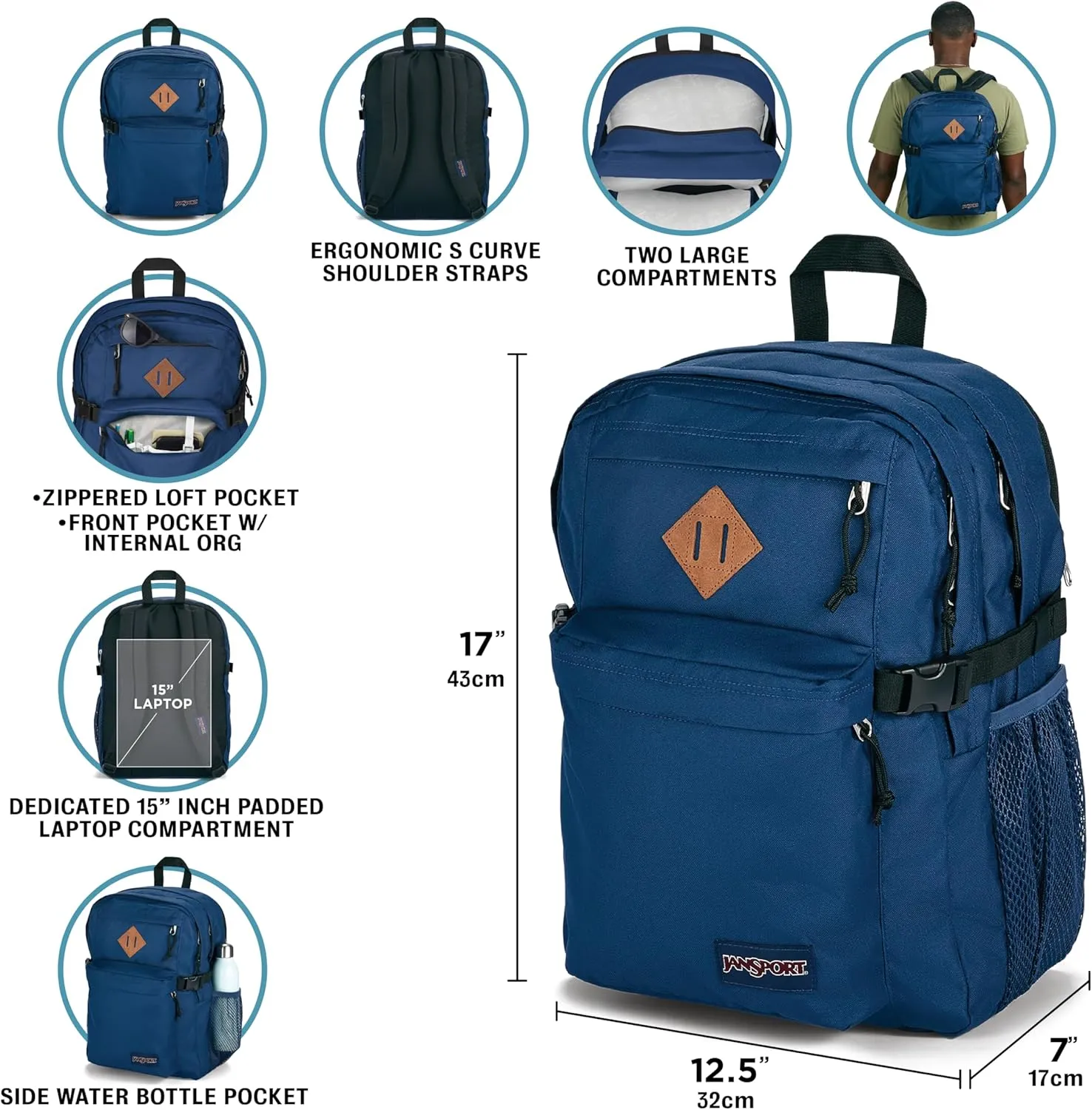 JanSport Main Campus Backpack - Travel or Work backpack w 15-Inch Laptop Sleeve and Dual Water Bottle Pockets, Navy
