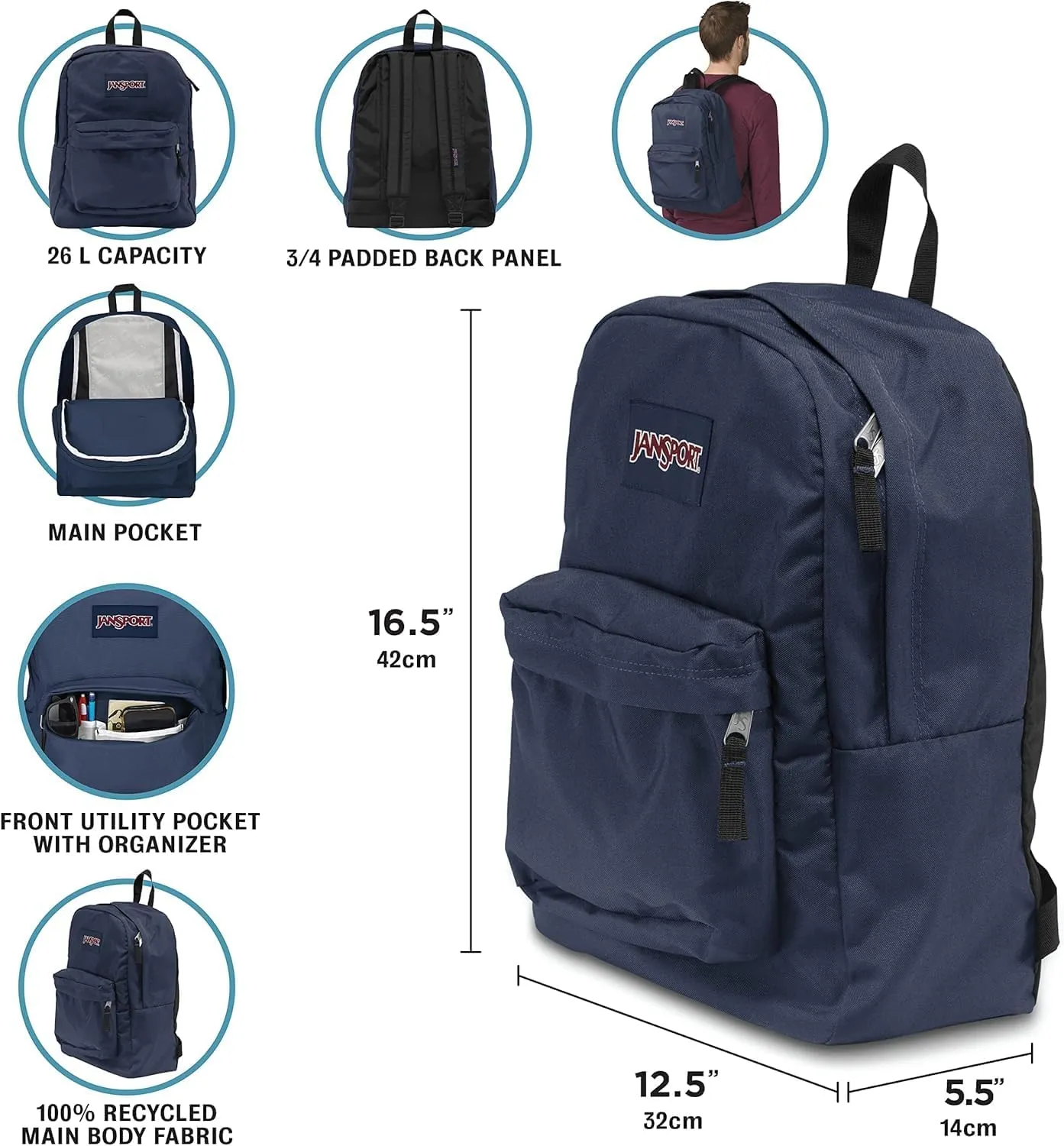 JanSport SuperBreak One Backpack - Durable, Lightweight Bag with 1 Main Compartment, Front Utility Pocket with Built-in Organizer, Premium Backpack, Vortex Voyage
