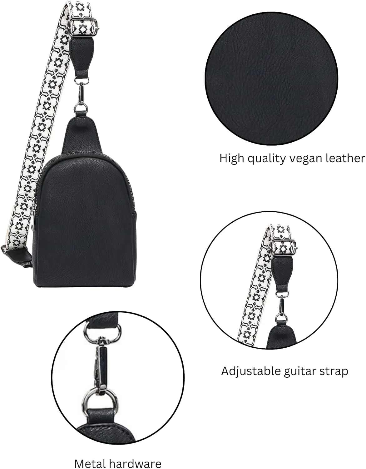 JEN & CO. Ellen Small Sling Bag for Women Vegan Leather Crossbody Fanny Pack Chest Bag with Guitar Strap for Travel