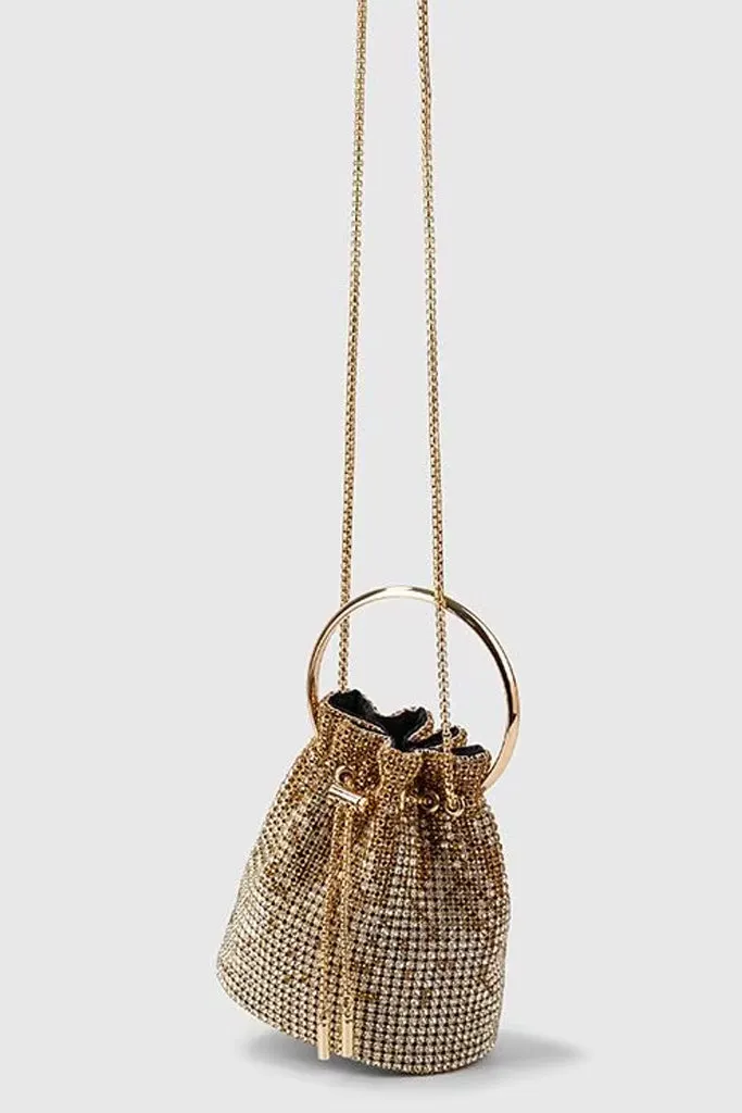 Jennifer Χρυσό Τσαντάκι Bucket Bag με Κρύσταλλα