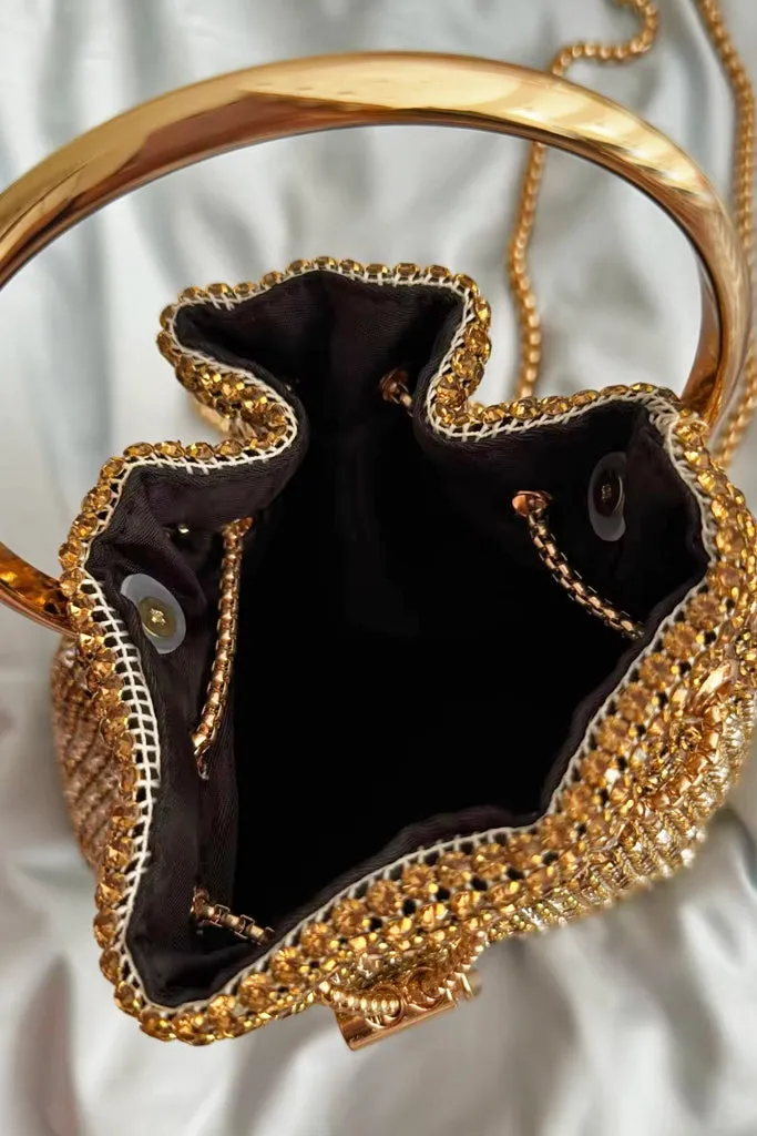 Jennifer Χρυσό Τσαντάκι Bucket Bag με Κρύσταλλα
