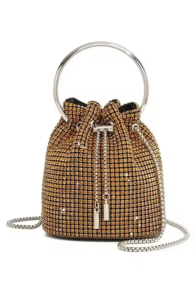 Jennifer Χρυσό Τσαντάκι Bucket Bag με Κρύσταλλα