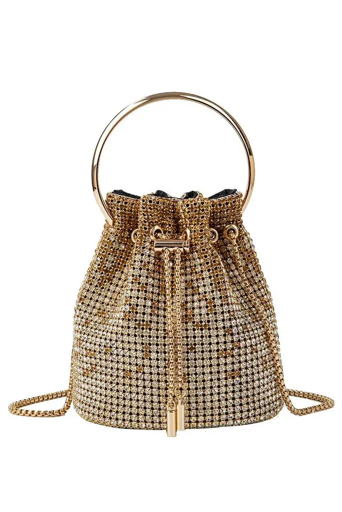 Jennifer Χρυσό Τσαντάκι Bucket Bag με Κρύσταλλα