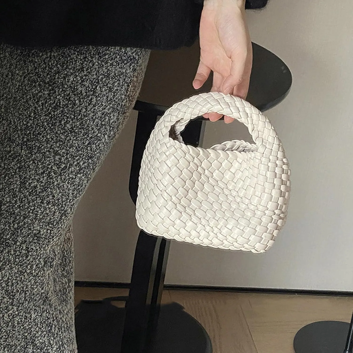 JINMANXUE Fashion Handbag for Women, Woven Tote Bucket Composite Bag, Knitting Chain Crossbody Shoulder Purse