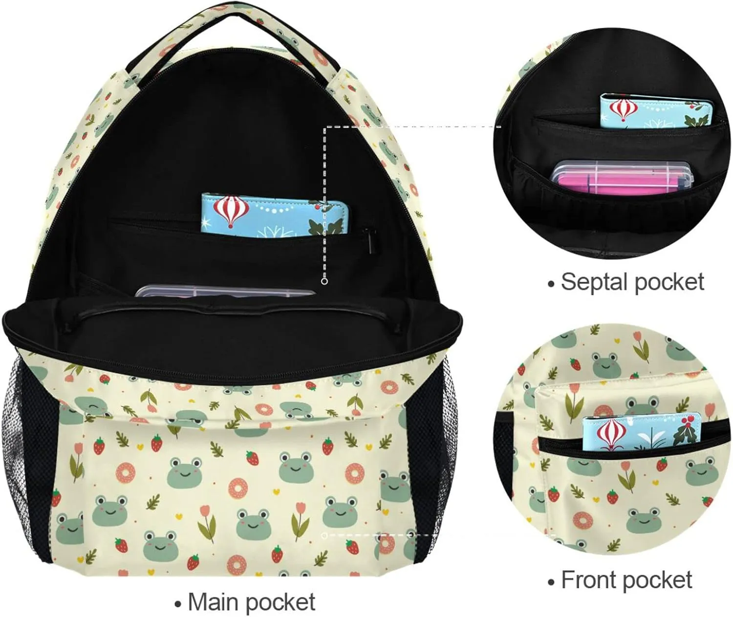 JIPONI Cute Frog Flower Strawberry Backpack For Girls Boys, Student School Bag Bookbag Travel Laptop Backpack Purse Daypack