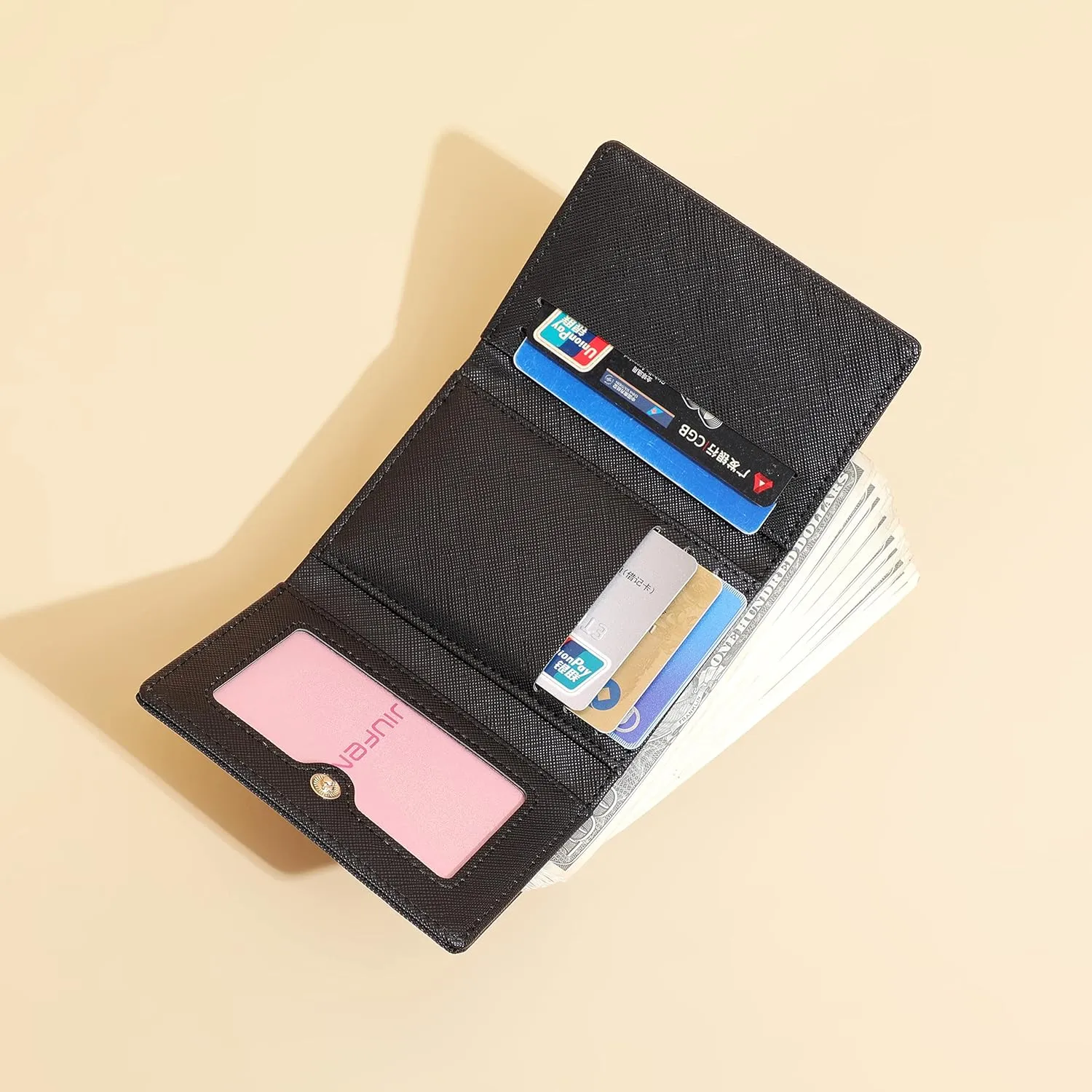 JIUFENG Women's RFID Blocking Short Wallet Multi Purpose Zipper Folded Purses Coins Pouches Multi-card Position Card Organizer (Black)