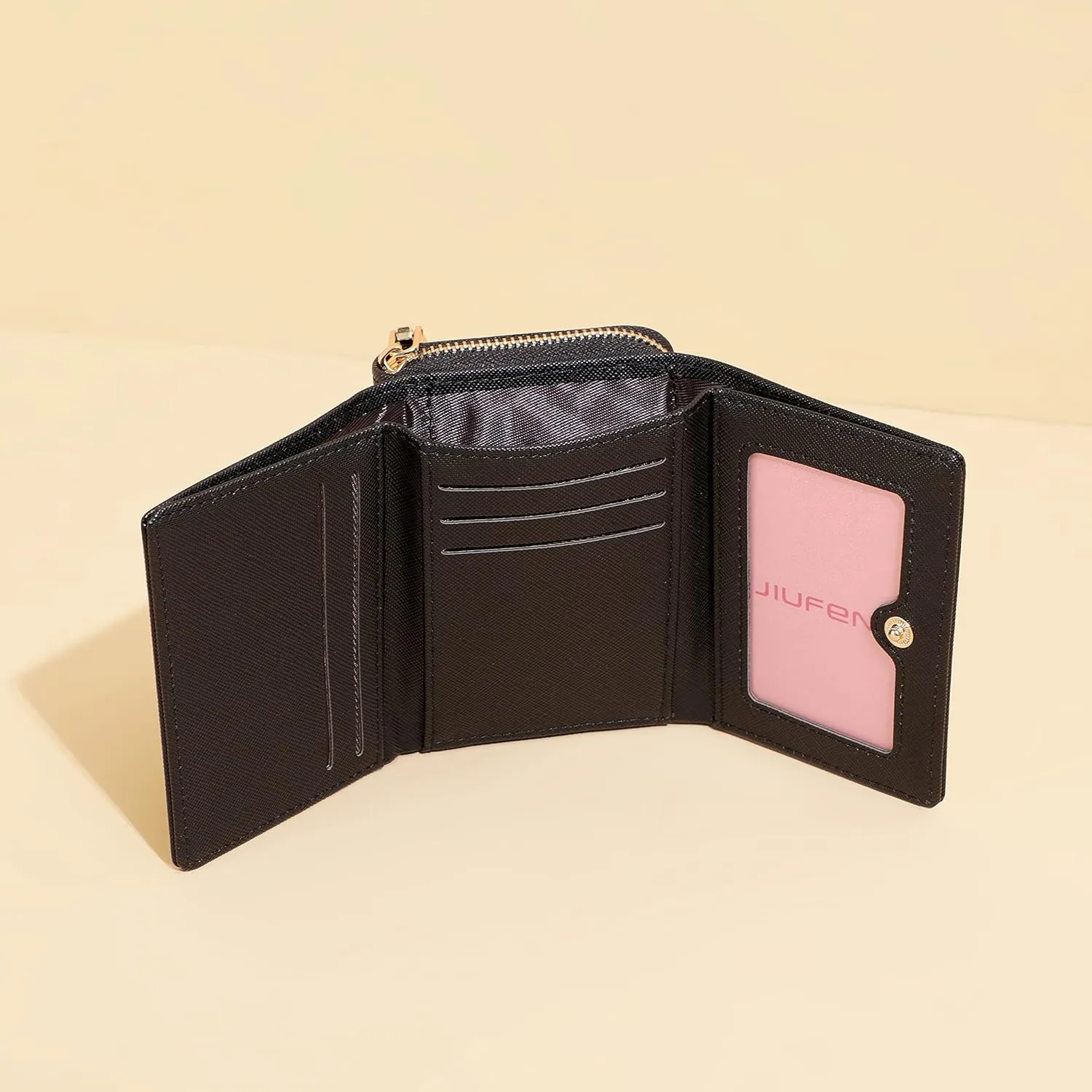 JIUFENG Women's RFID Blocking Short Wallet Multi Purpose Zipper Folded Purses Coins Pouches Multi-card Position Card Organizer (Black)