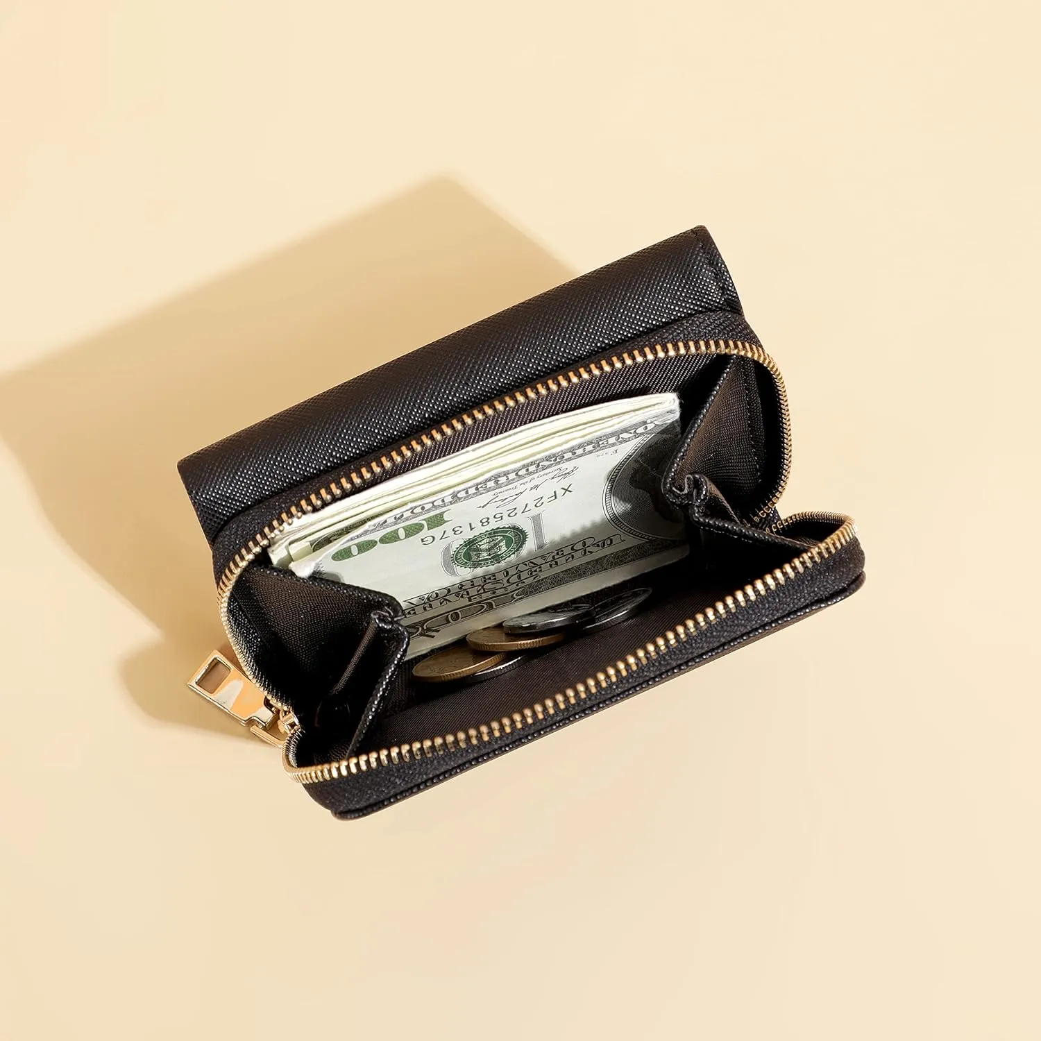 JIUFENG Women's RFID Blocking Short Wallet Multi Purpose Zipper Folded Purses Coins Pouches Multi-card Position Card Organizer (Black)