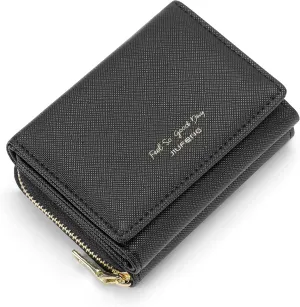 JIUFENG Women's RFID Blocking Short Wallet Multi Purpose Zipper Folded Purses Coins Pouches Multi-card Position Card Organizer (Black)