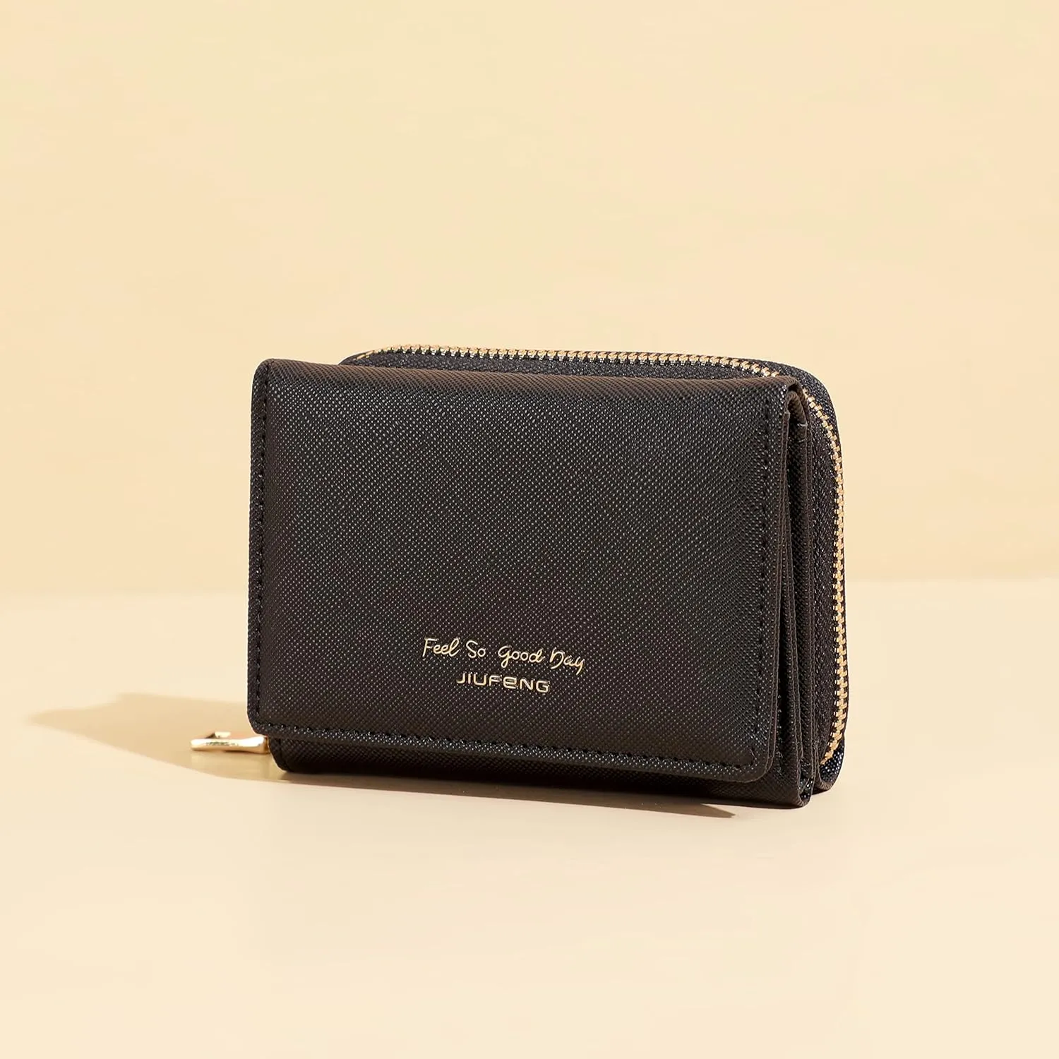 JIUFENG Women's RFID Blocking Short Wallet Multi Purpose Zipper Folded Purses Coins Pouches Multi-card Position Card Organizer (Black)