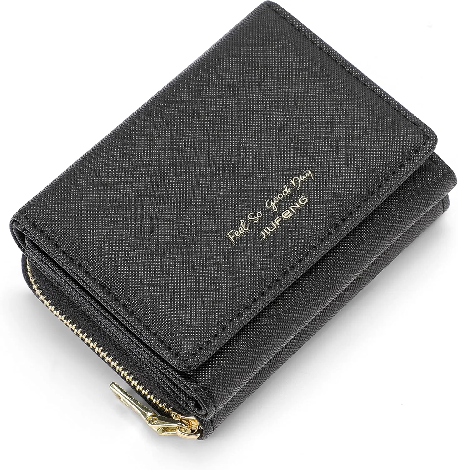 JIUFENG Women's RFID Blocking Short Wallet Multi Purpose Zipper Folded Purses Coins Pouches Multi-card Position Card Organizer (Black)